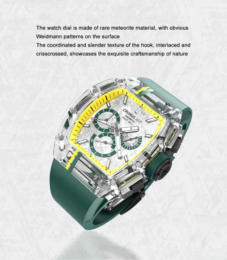 CRONUSART Men's Chronograph Watch - Tonneau Sapphire Crystal Case, Automatic Mechanical Wristwatch with Luminous Hands, Fluororubber Strap & Meteorite Dial | Perfect for Business, Formal Events & Outdoor Adventures
