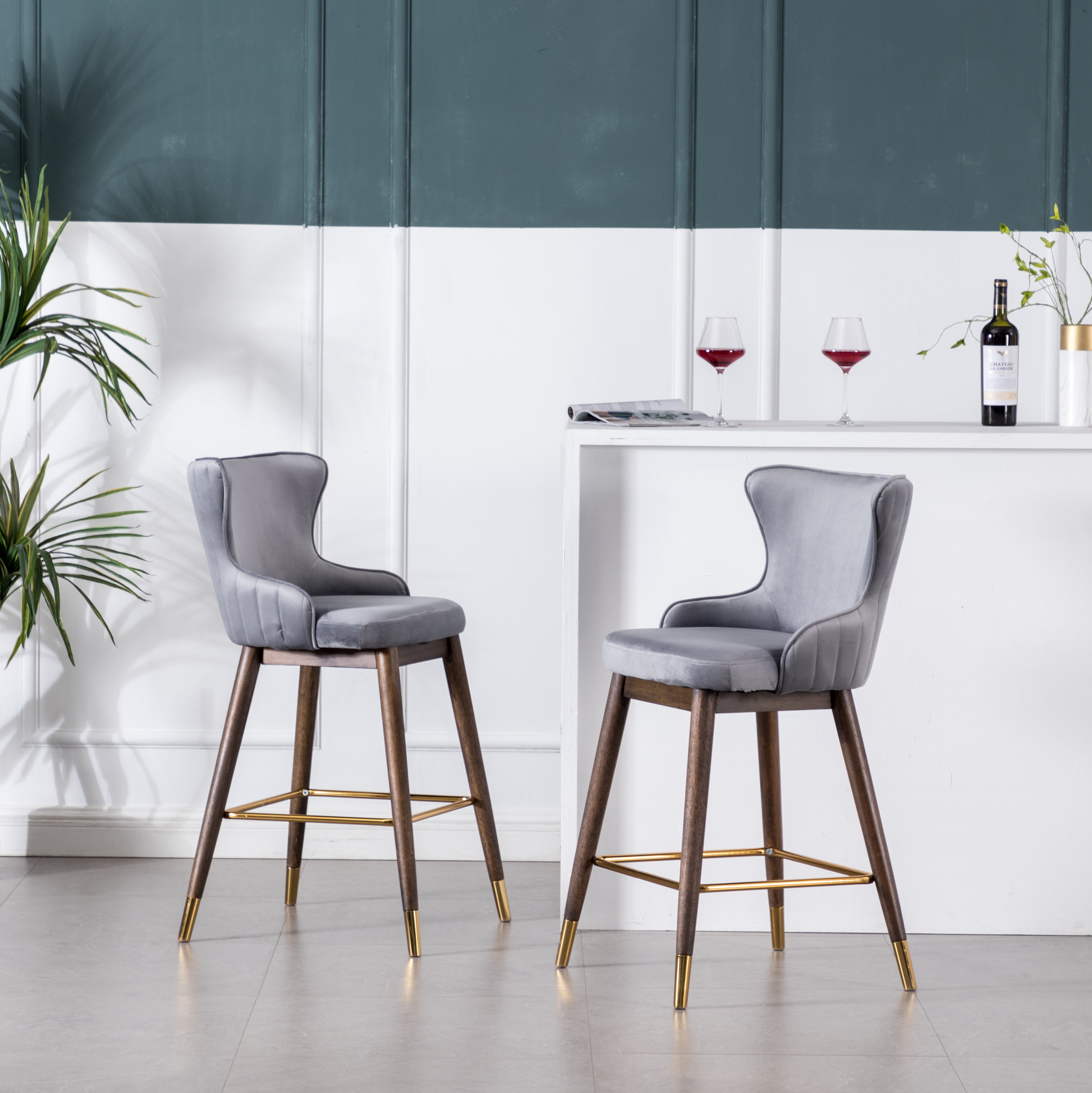Roundhill Furniture Leland Fabric Upholstered Counter Height Wingback Bar Stools, Gray, Set of 2 - Perfect for Kitchen Islands, Breakfast Bars & Home Decor