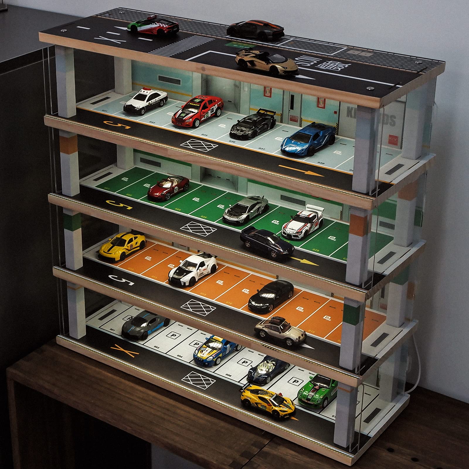 1:64 Scale Alloy Car Model Display Case with LED Lights - 4-Level Parking Garage (40 Spaces) for Hot Wheels & Die-Cast Cars Collection - Perfect for Showcasing Miniature Vehicles in Underground Garage Scenes (KW-262-1)