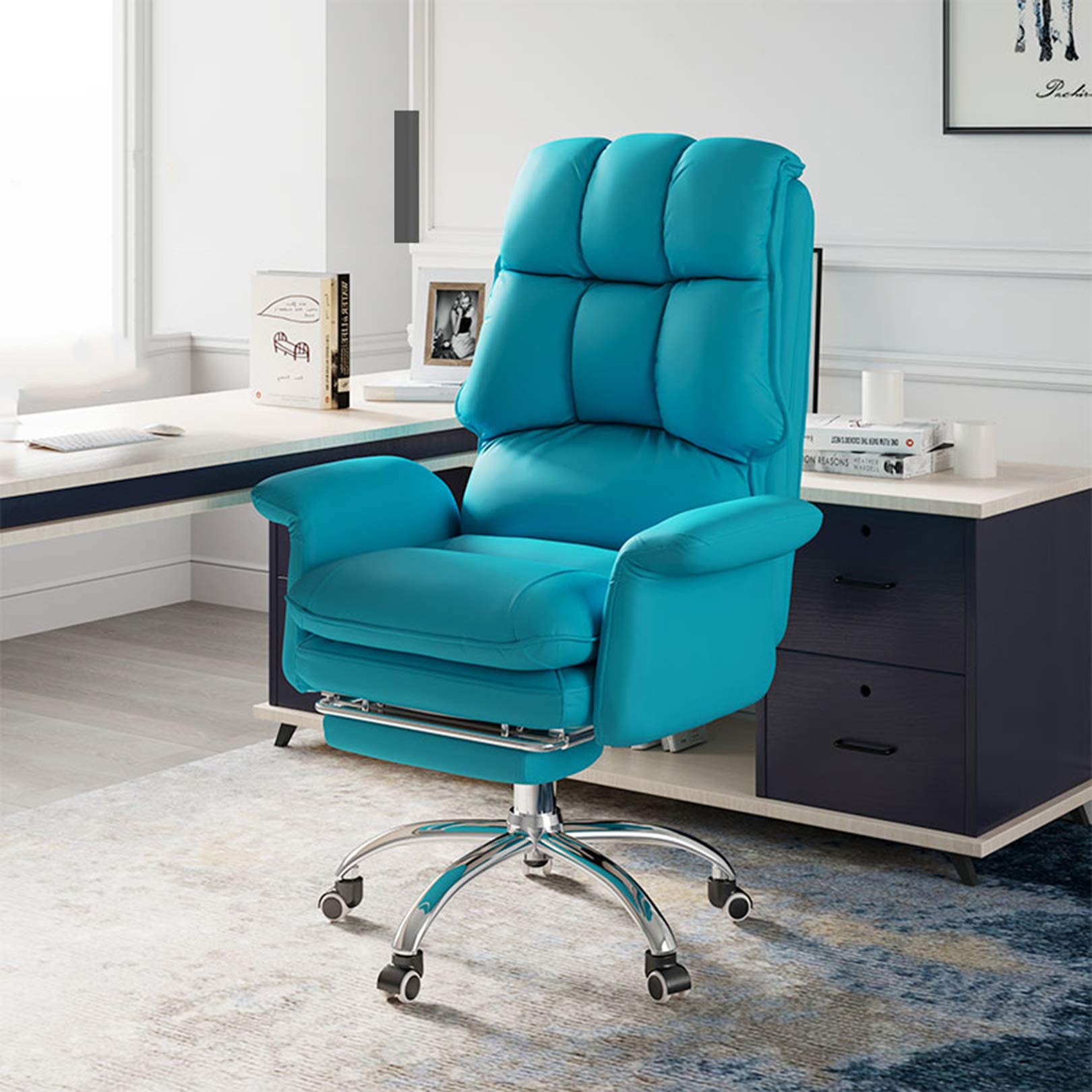 Ergonomic PU Leather Office Chair with Lumbar Support - High Back Swivel Executive Desk Chair with Adjustable Footrest & Wheels for Home Office, Gaming, and Workspace Comfort