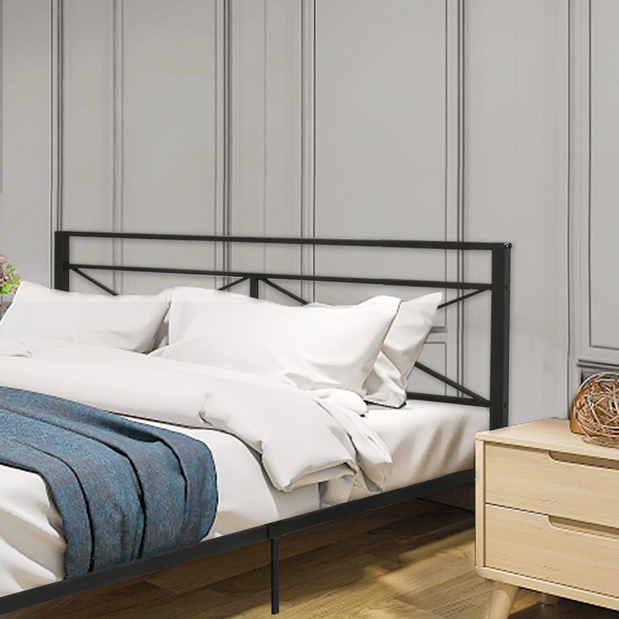 LUCKYERMORE Queen Size Metal Platform Bed Frame with Headboard - Anti-Rust, Anti-Slip Support, Sturdy Black Bed Frame for Bedroom, Guest Room, or Dorm - Easy Assembly & Modern Design