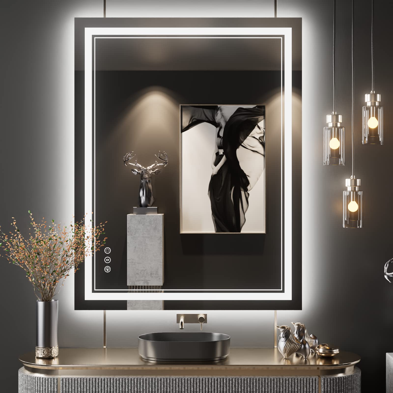 28x36 Inch LED Bathroom Mirror with Front & Backlit Dimmable Lighting, Anti-Fog Technology - Shatterproof Vanity Mirror for Makeup, Shaving & Home Decor