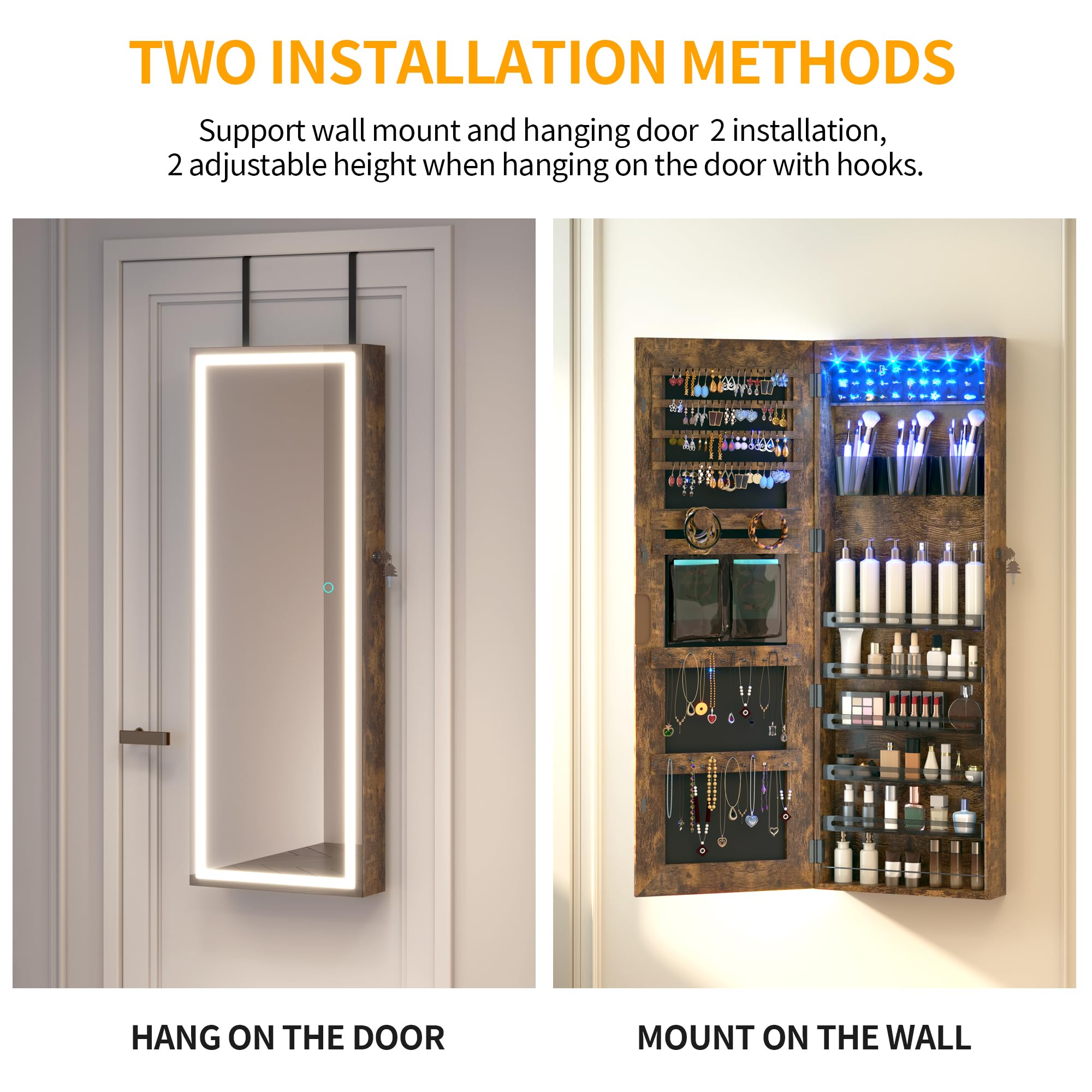 LVSOMT LED Mirror Jewelry Cabinet - Wall/Door Mount Jewelry Armoire Organizer with Lights, Full Length Mirror with Jewelry Storage, Over the Door Hanging Cabinet (Rustic Brown) | Perfect for Bedroom, Closet & Dressing Room Organization
