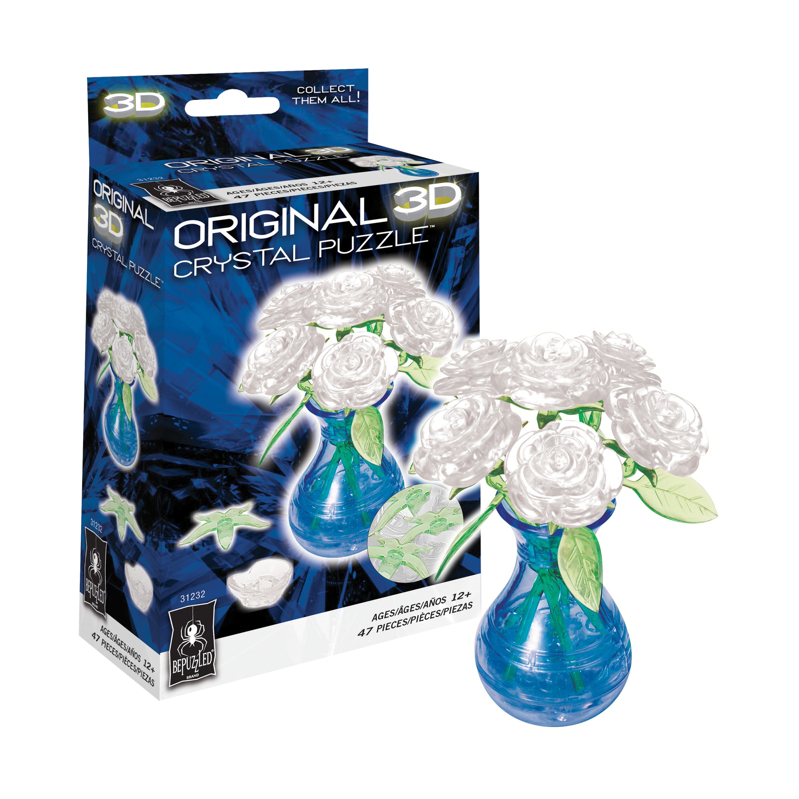 3D Crystal Puzzle - Elegant White Roses in Vase 47 Piece Brain Teaser | Perfect for Adults Relaxation, Home Decor & Gift Giving