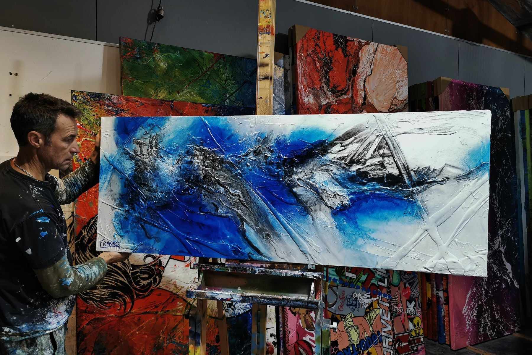 Blue and White Textured Abstract Painting - 63