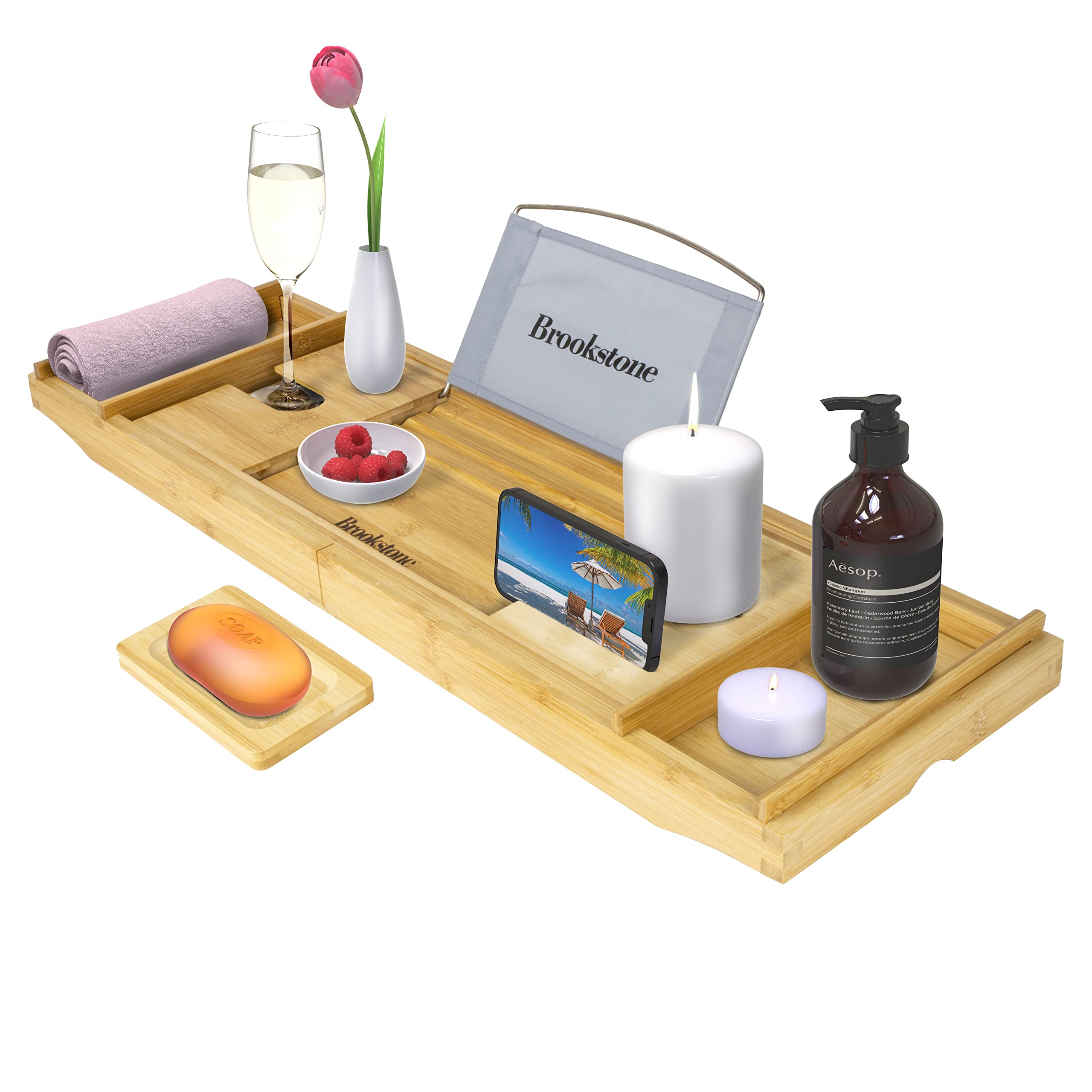 Brookstone Expandable Bamboo Bathtub Caddy Tray with Wine Glass Holder, Tablet Stand, Phone & Book Holder - Fits Tubs Up to 43 Inches - Perfect for Relaxing Baths with Wine, Reading & Entertainment