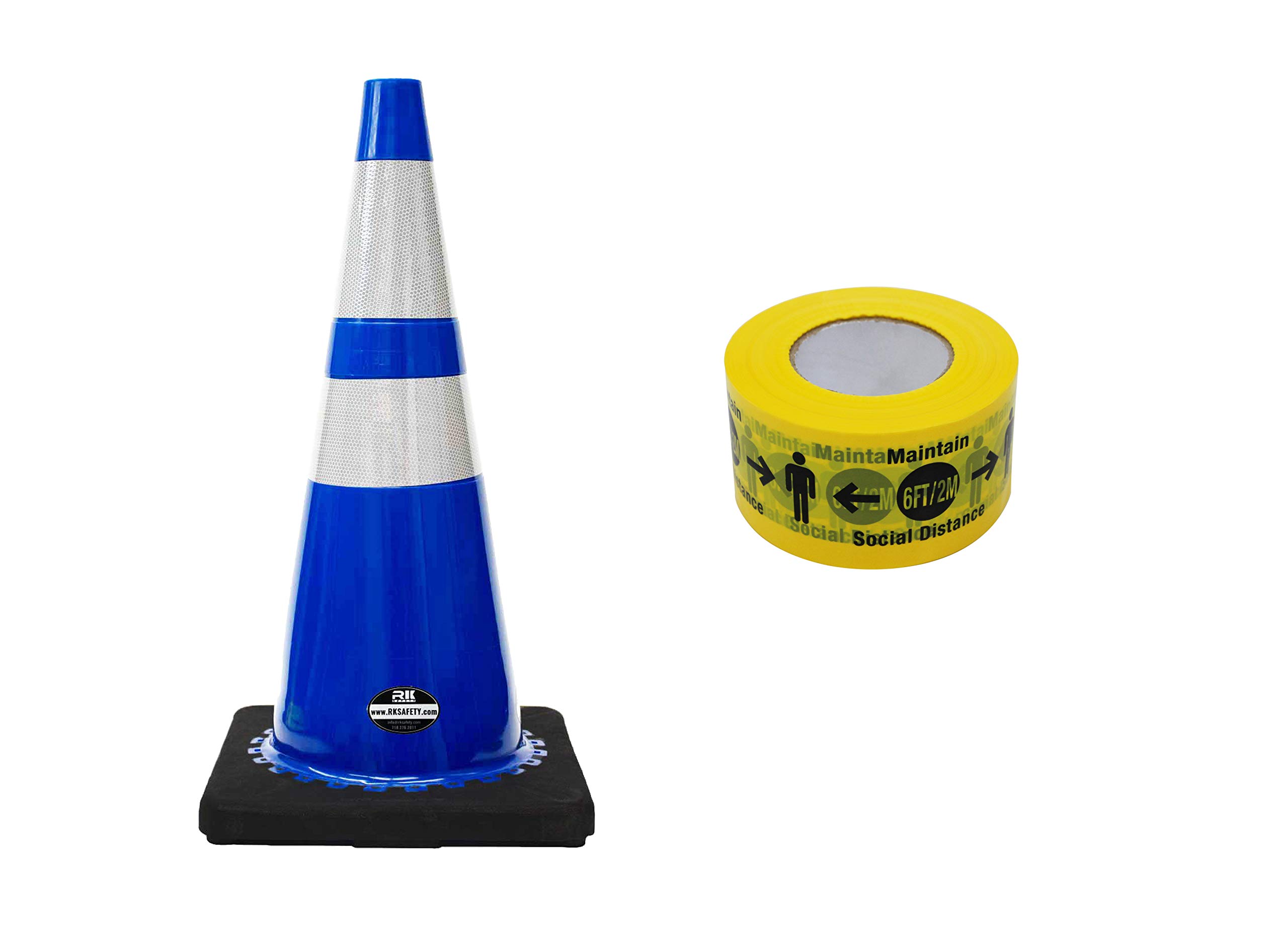 RK-Safety 28-Inch Blue Traffic Safety Cones with Black Base & High-Visibility Reflective Tape - 4 Pack with Bonus Barricade Tape Roll for Construction Zones, Parking Lots & Emergency Road Safety