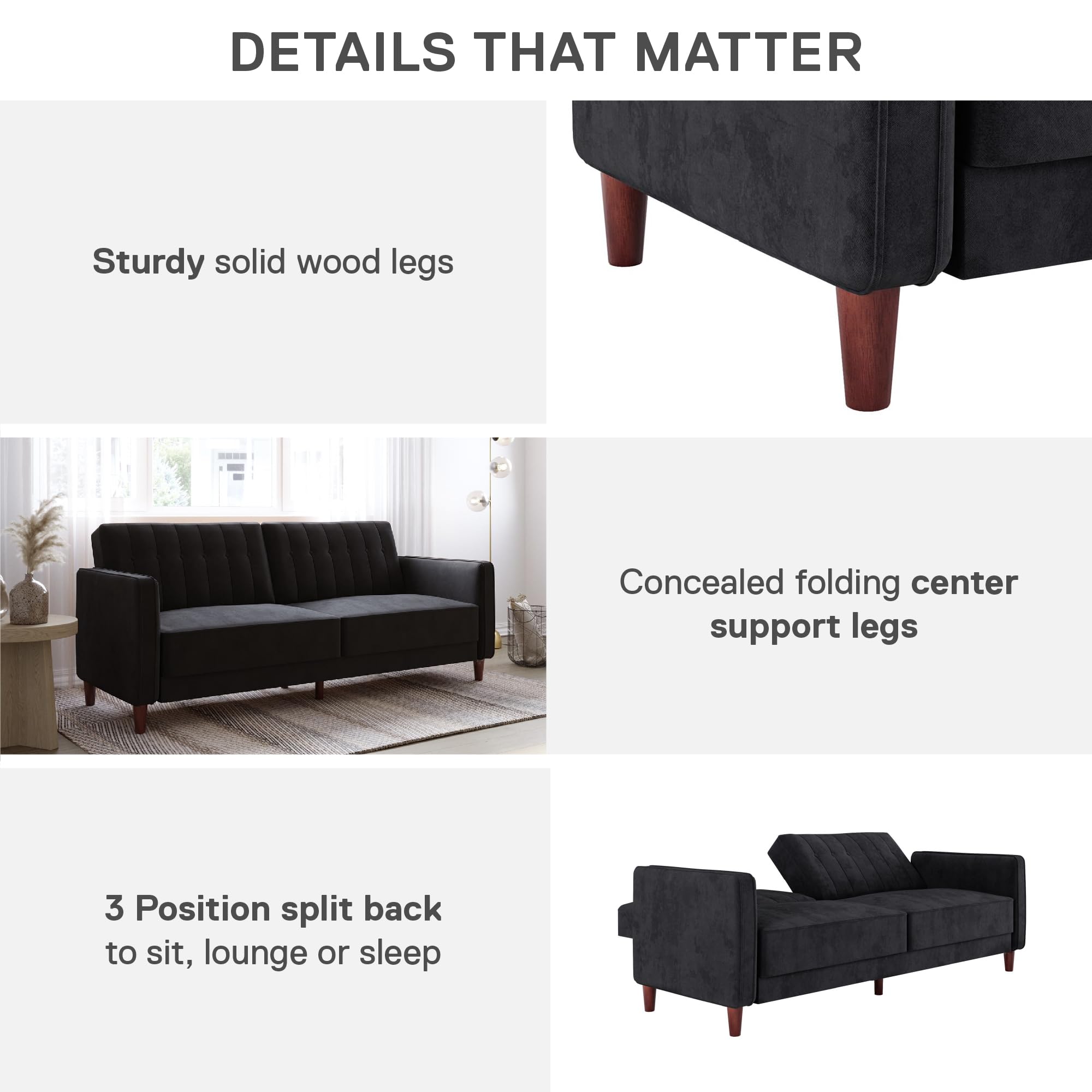 DHP Ivana Tufted Transitional Futon Sofa Bed - Convertible Sleeper with Black Velvet Upholstery for Living Room, Guest Room & Small Spaces
