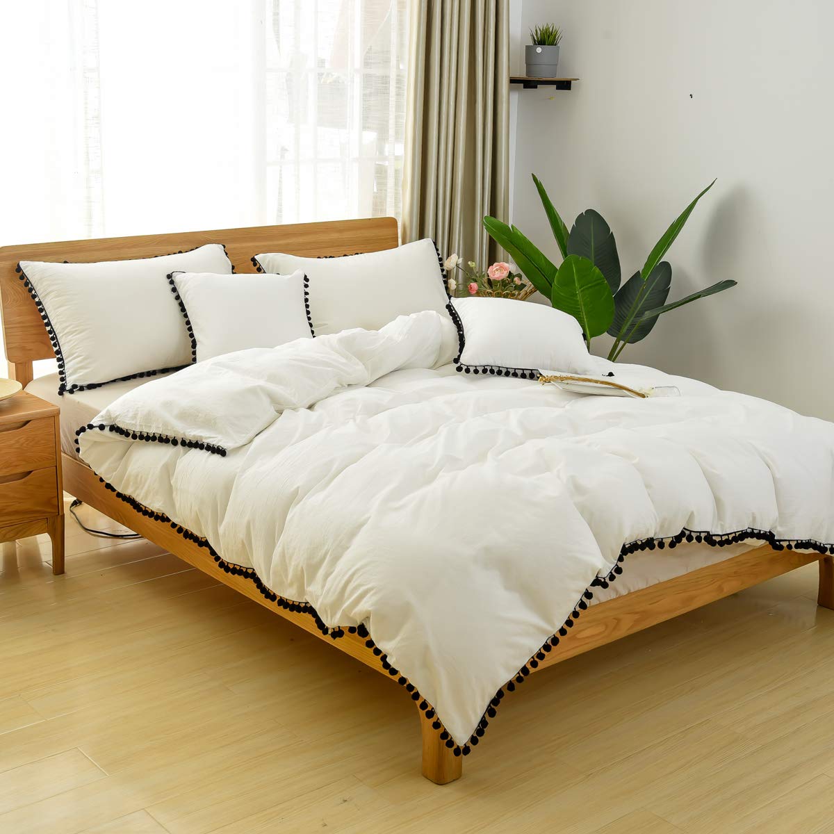 Luxury Black Pompom White Duvet Cover Set - 3 Piece Cal King Size, 100% Washed Cotton, Farmhouse & Boho Chic Bedding Collection for Cozy Bedroom Decor