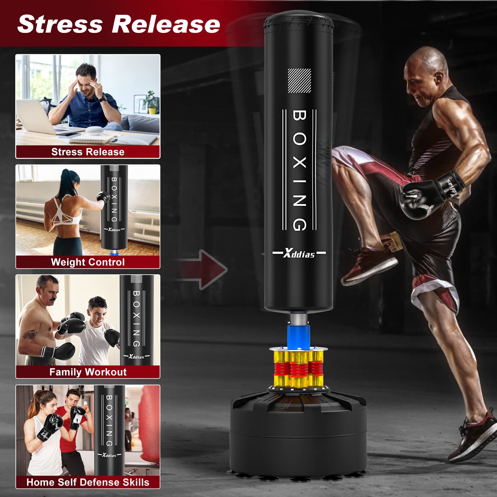 XDDIAS 70'' Freestanding Punching Bag with Stand - Heavy Duty Boxing Bag for Adults, MMA, Muay Thai & Kickboxing Training | Suction Cup Base for Stability | Perfect for Home Gym, Martial Arts Practice & Fitness Workouts
