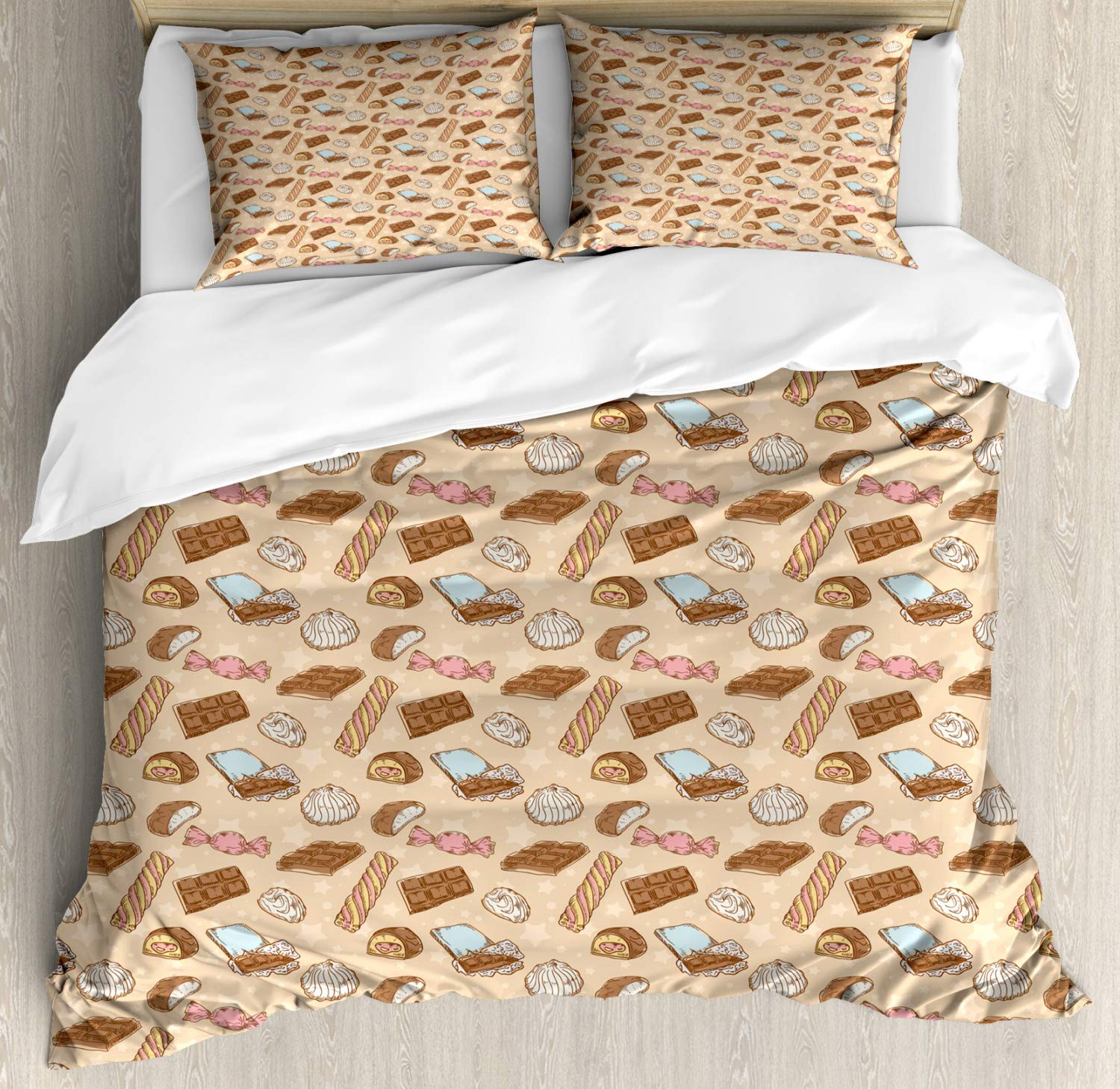 Ambesonne Vintage Chocolate Duvet Cover Set - Queen Size 3-Piece Bedding with Candy Bars & Marshmallow Stars Design, Beige & Brown Decor | Perfect for Sweet-Themed Bedrooms, Guest Rooms & Chocolate Lover Gifts
