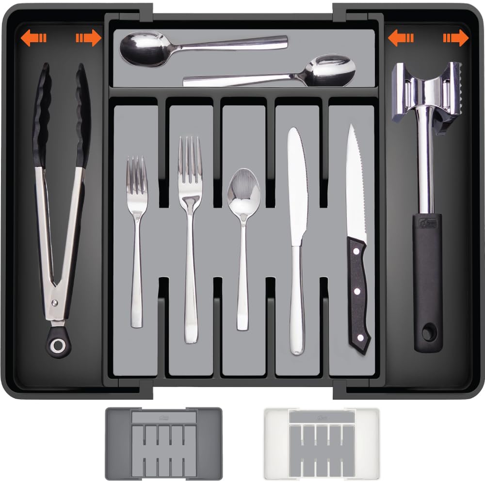 Gorilla Grip Expandable Silverware Organizer for Kitchen Drawers - BPA-Free Adjustable Utensil Tray with Non-Slip Rubber Lining & Grip Feet - Maximize Flatware Storage (Black) | Perfect for Organizing Forks, Spoons & Knives in Home or Restaurant Kitchens