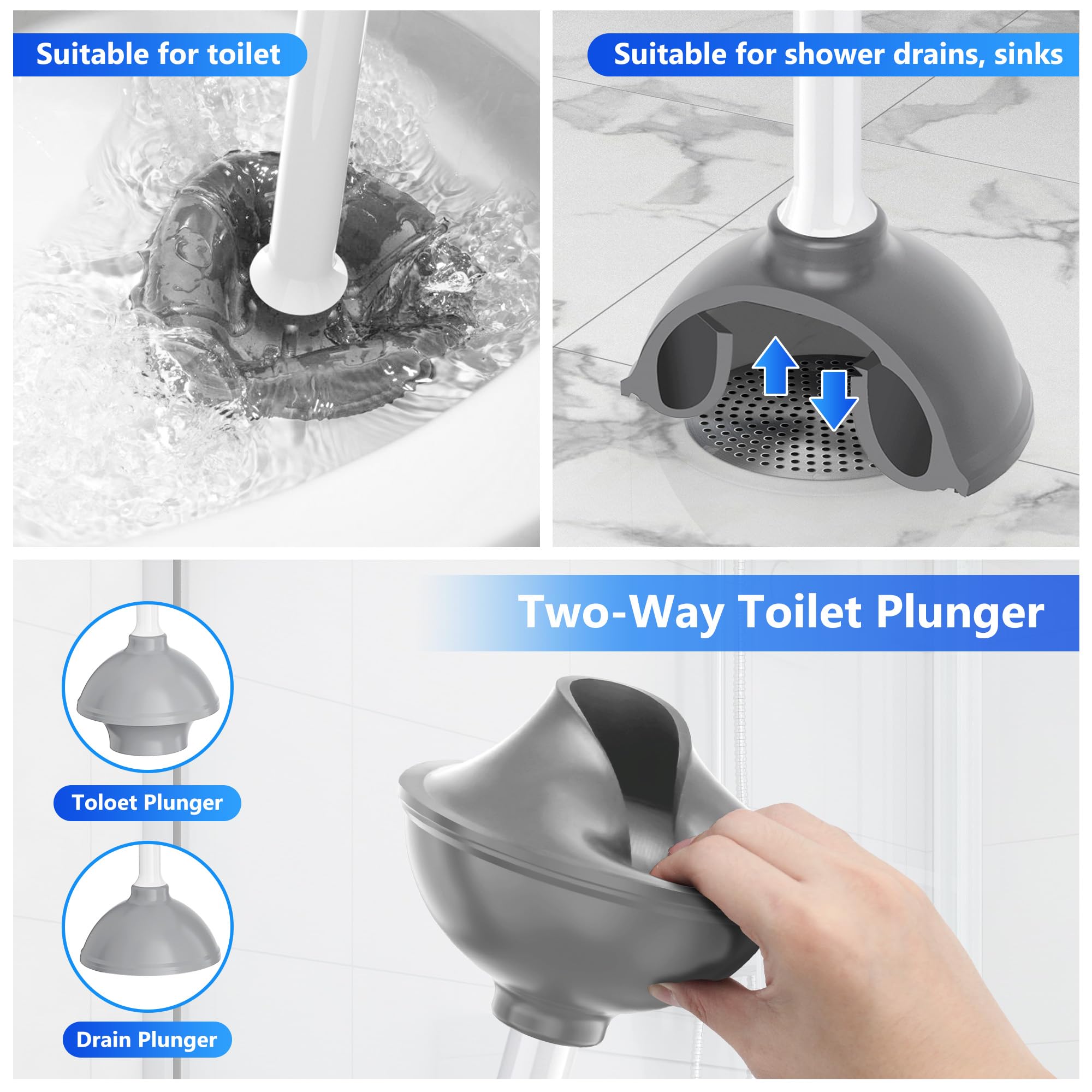 Best Heavy Duty Toilet Plunger with Holder - White Bathroom Plunger for Clogged Drains - Perfect for Home, Apartment & RV Use