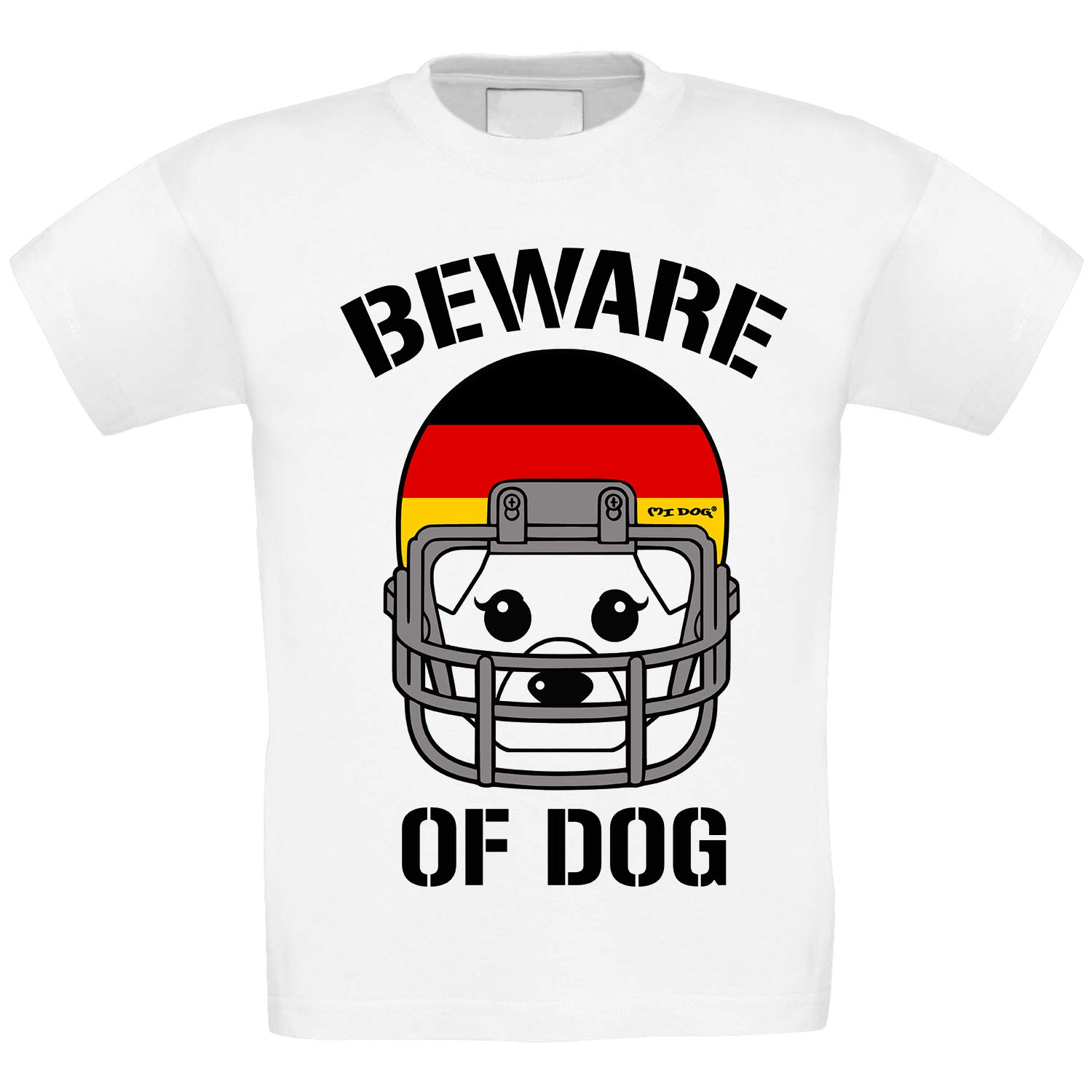 MI DOG Personalized Beware of Dog American Football Helmet German Flag T-Shirt for Boys - Regular Fit White Cotton Tee for Sports Fans & Pet Lovers