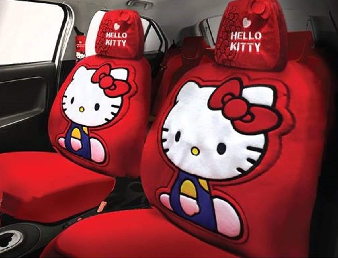 Hello Kitty Car Seat Covers for Front Seats - 2 Piece Set with Headrest Protectors | Cute & Comfortable Car Accessories for Girls, Women & Kitty Lovers | Perfect for Daily Commute, Road Trips & Gift Giving