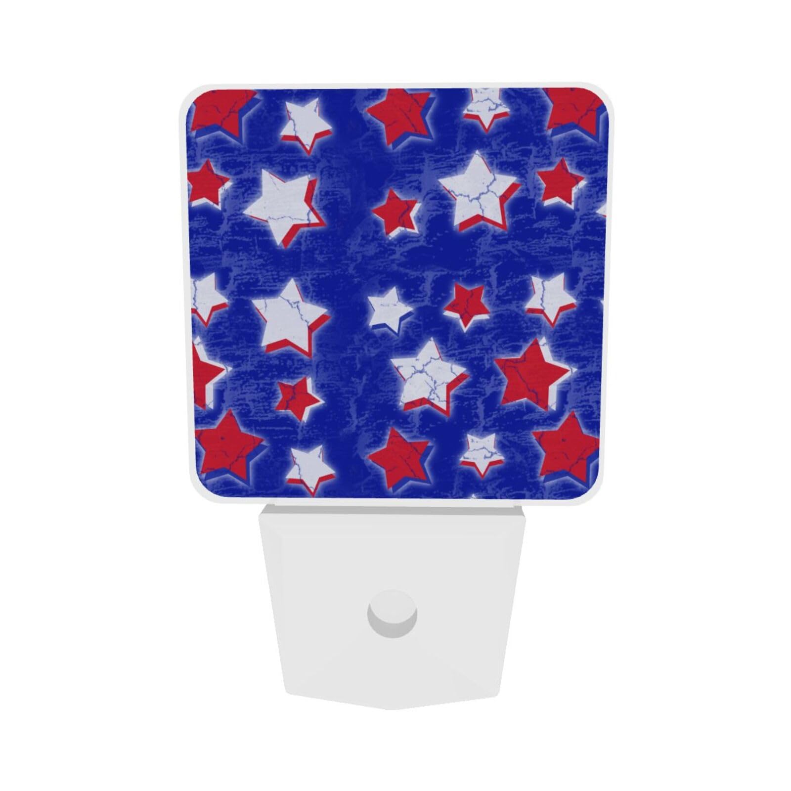 Red and White Flag Stars Plug-in LED Night Light with Auto Sensor - Set of 2 Dusk to Dawn Memorial Day Nightlights for Bedroom, Nursery, Hallway, or Bathroom