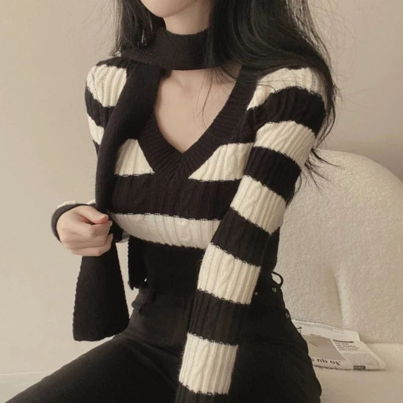 Elegant Scarf Collar & Cable Knit Long Sleeve Striped Skinny Sweater for Women | Winter Fashion Layering, Office Wear & Casual Outfits