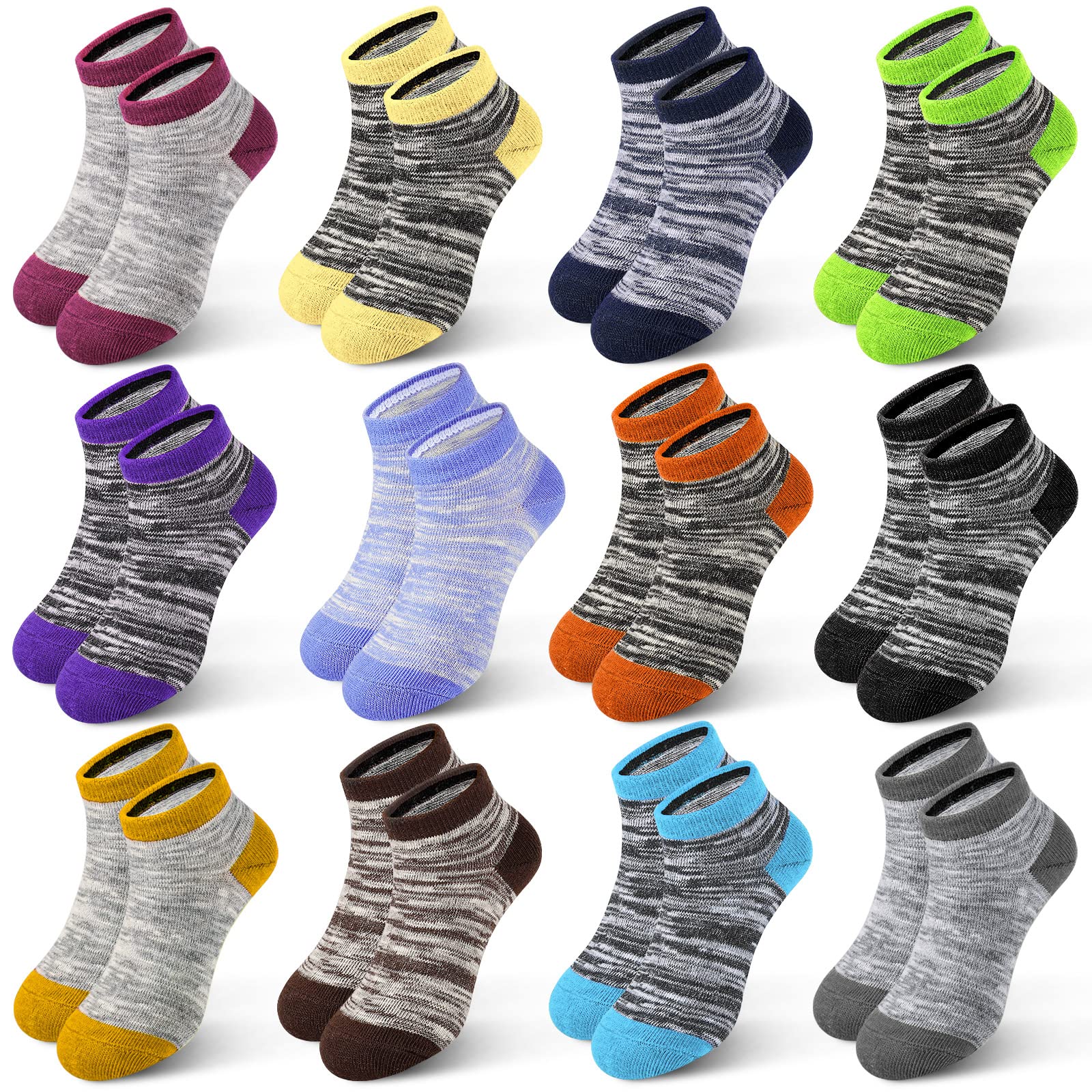 JOCMIC Kids Athletic Ankle Socks for Boys & Girls - 12 Pack Half Cushion Low Cut Socks - Perfect for Running, Sports & Everyday Wear