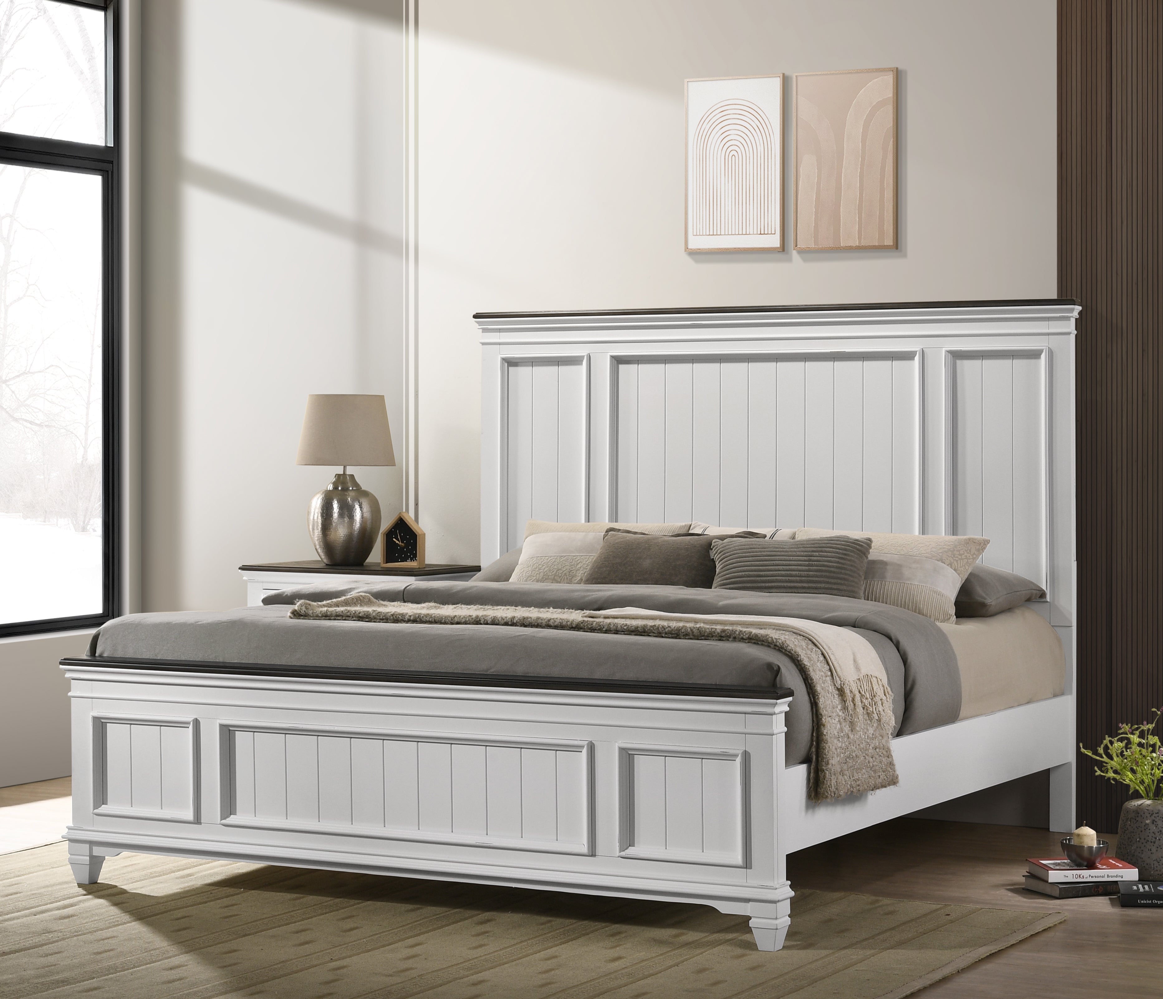 Clelane Shiplap Wood Panel Bed - Weathered White & Walnut Finish - Rustic Farmhouse Style Bed Frame for Master Bedroom, Guest Room or Vacation Home