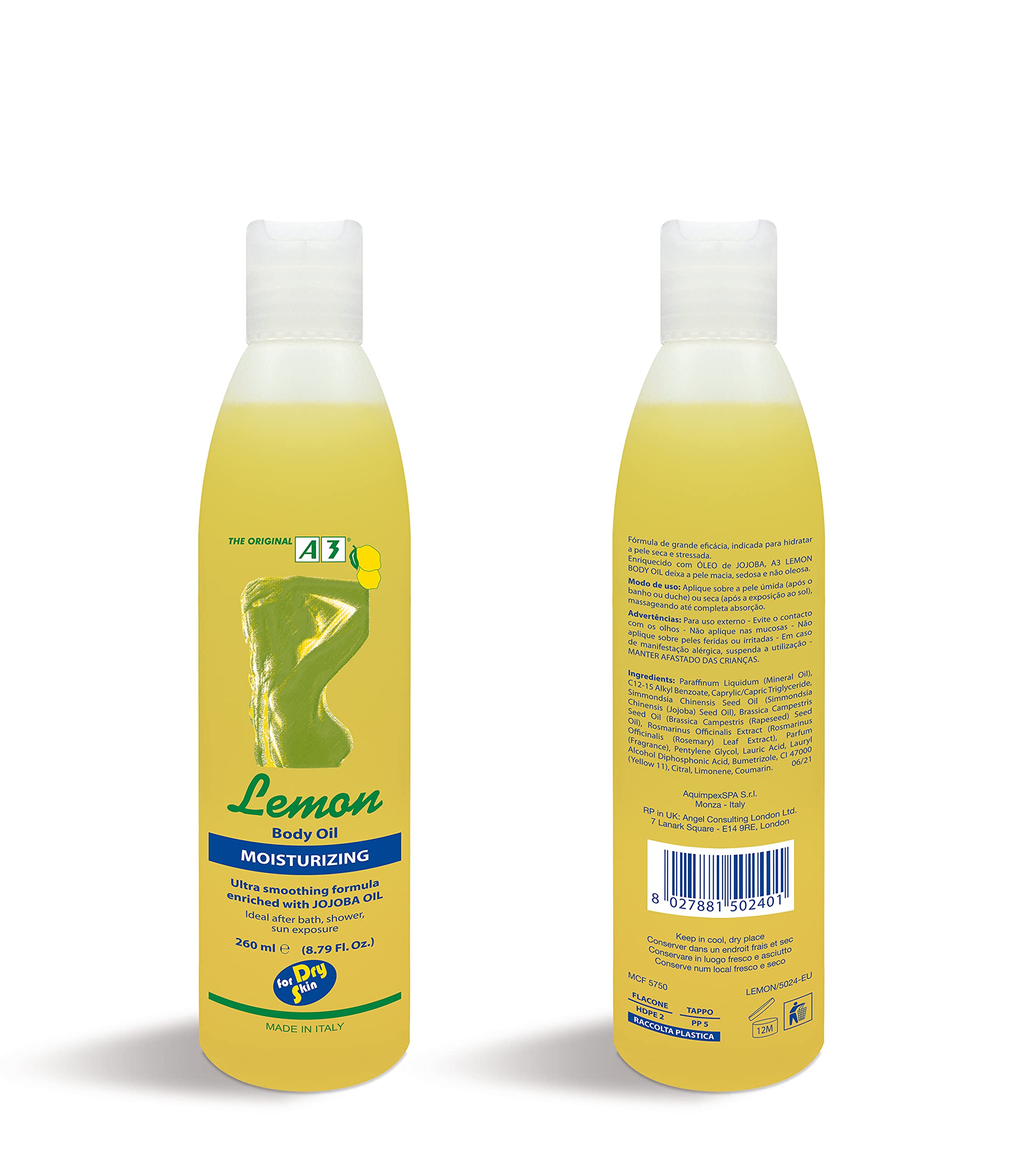 Lemon Moisturizing Body Oil for Dry Skin - 260ml A3 Hydrating & Nourishing - Perfect for Massage, Spa & Daily Skincare Routine