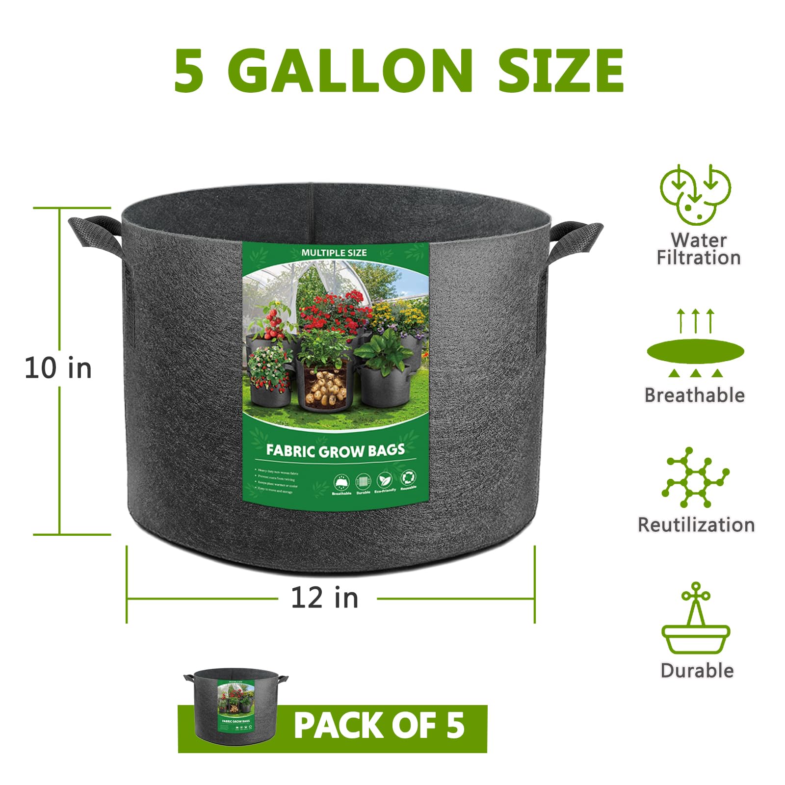 5 Gallon Grow Bags 5-Pack - Heavy Duty Fabric Plant Pots for Vegetables, Fruits, Flowers with Reinforced Handles - Ideal for Outdoor Gardening, Container Planting & Urban Farming - Perfect for Tomatoes, Potatoes, Herbs & More