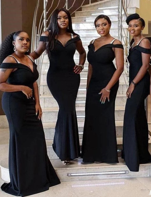 Elegant Black Off-the-Shoulder Bridesmaid Dresses - Satin Formal Gowns for Wedding Guests & Special Occasions | Perfect for Evening Parties, Cocktail Events & Formal Celebrations
