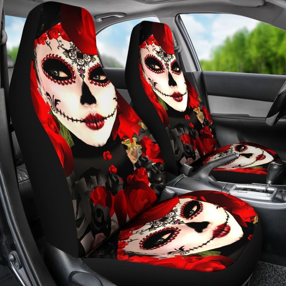 2 Pcs Sugar Skull Girl Car Seat Covers - Gothic Mexican Day of the Dead Design, Universal Fit for Most Vehicles, Soft & Durable - Perfect for Halloween, Dia de los Muertos, and Unique Car Decor