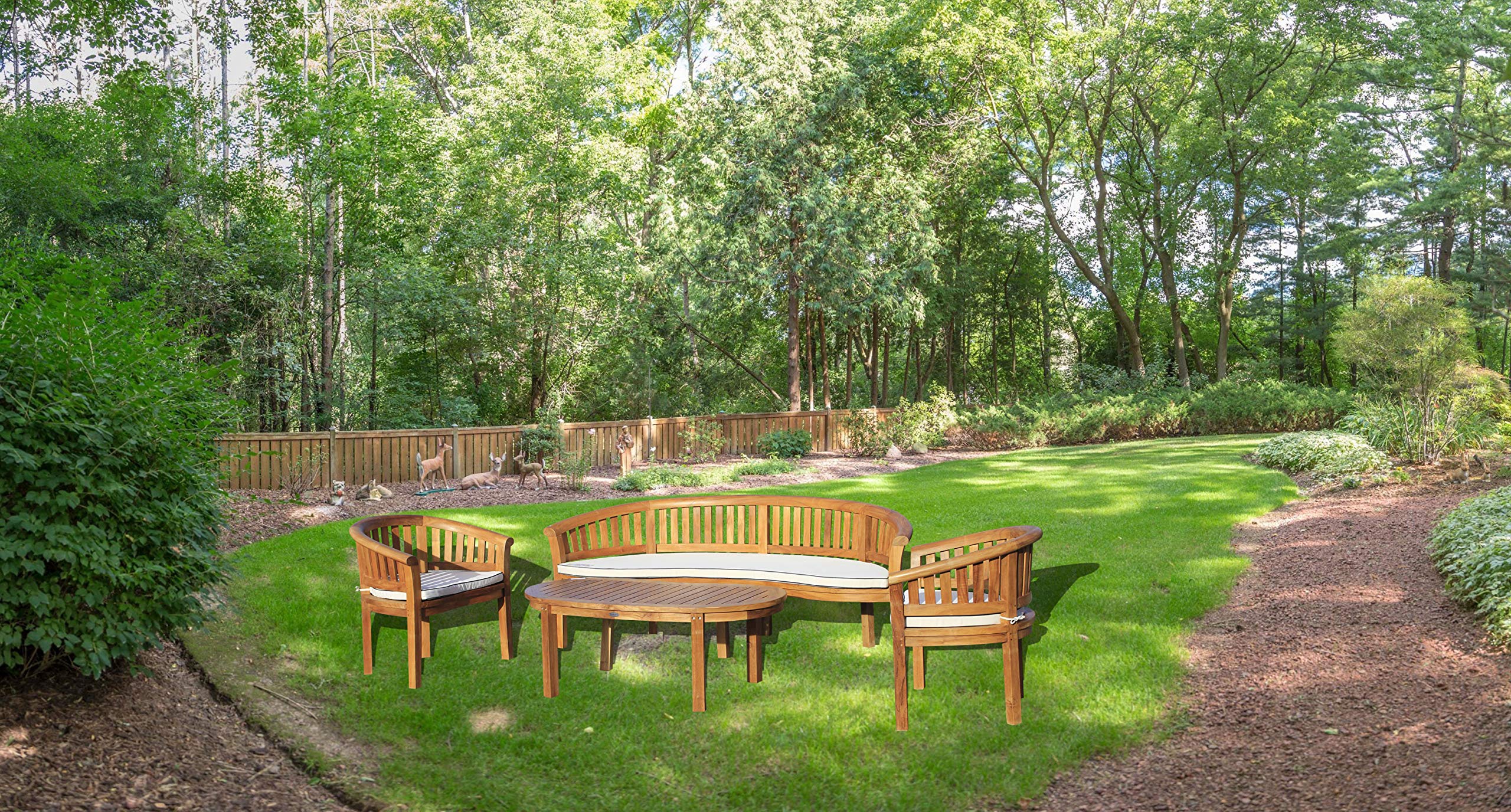 Premium 4-Piece Teak Wood Outdoor Patio Lounge Set - Triple Bench, 2 Chairs & Coffee Table - Solid A-Grade Teak Furniture for Garden, Poolside & Backyard Relaxation