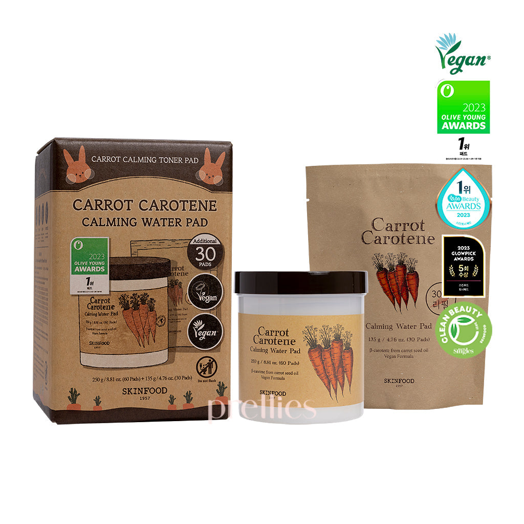 Skinfood Carrot Carotene Calming Water Pad Set - 60pcs + 30pcs Refill | Hydrating & Soothing Facial Sheet Masks for Dry & Sensitive Skin | Korean Skincare Routine & Spa Day Essential