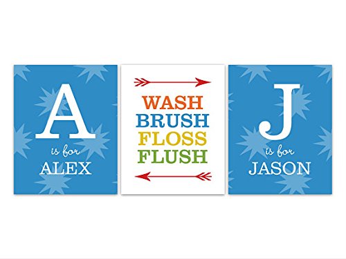Personalized Brothers Bathroom Wall Art - Wash Brush Floss Flush Sign - 11x14 Inches Canvas Wall Decor for Bathroom, Restroom, or Home - Funny & Inspirational Gift Idea for Siblings