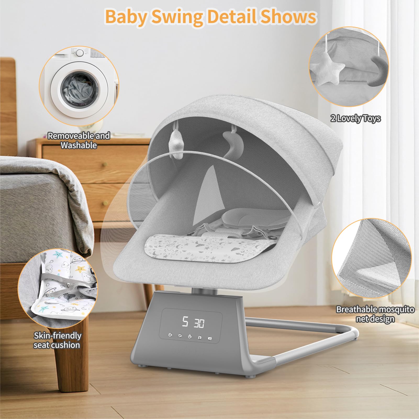 Electric Baby Swing & Rocker with Bluetooth, Remote Control & 11 Lullabies – Adjustable 5-Speed Infant Bouncer for Newborns to Toddlers (Baby Boy & Girl) – Perfect for Nursery, Daycare & Soothing Fussy Babies