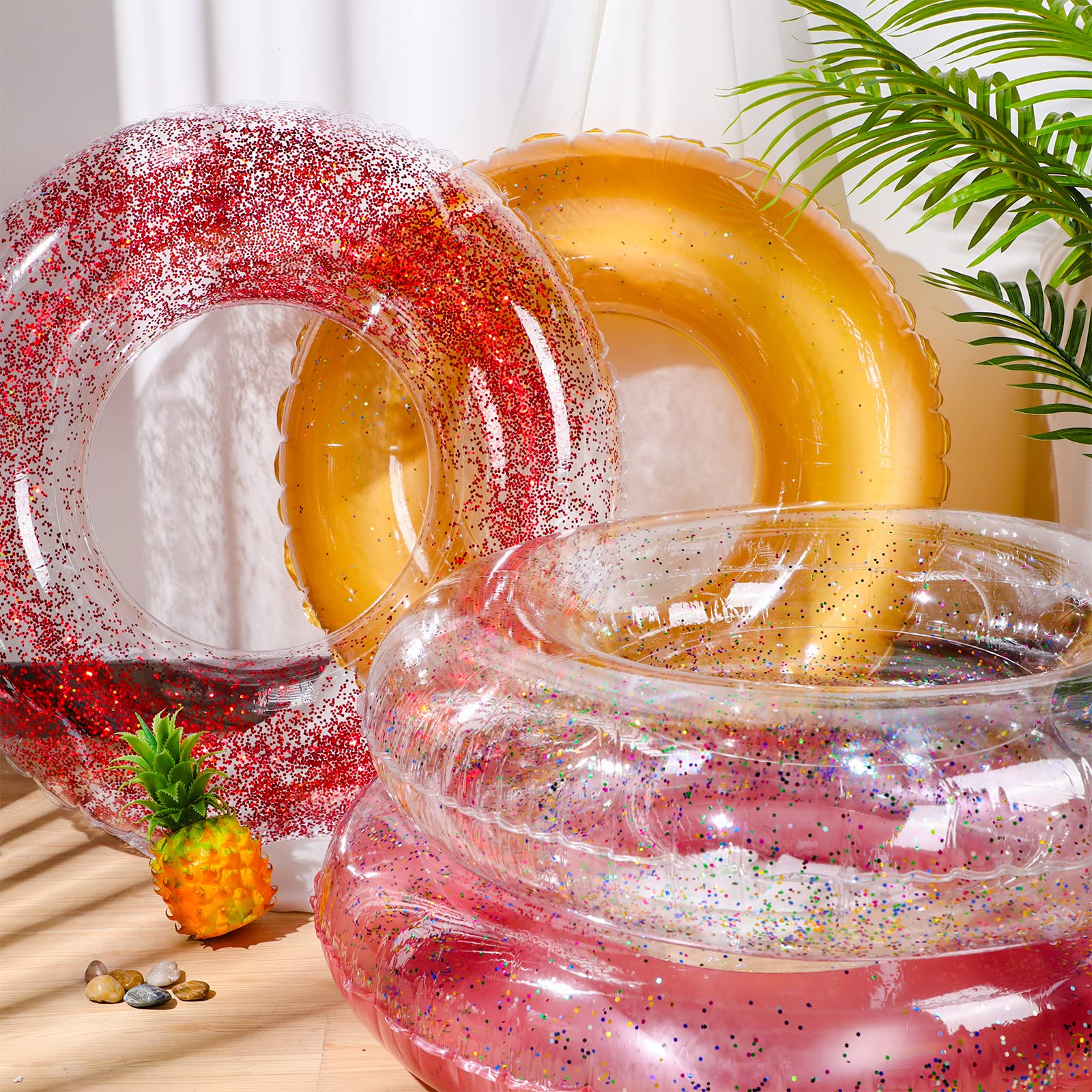 8-Piece Transparent Glitter Inflatable Pool Float Tubes for Kids - Swim Rings for Boys & Girls, Summer Beach Party Decorations, Pool & Lake Water Fun Accessories