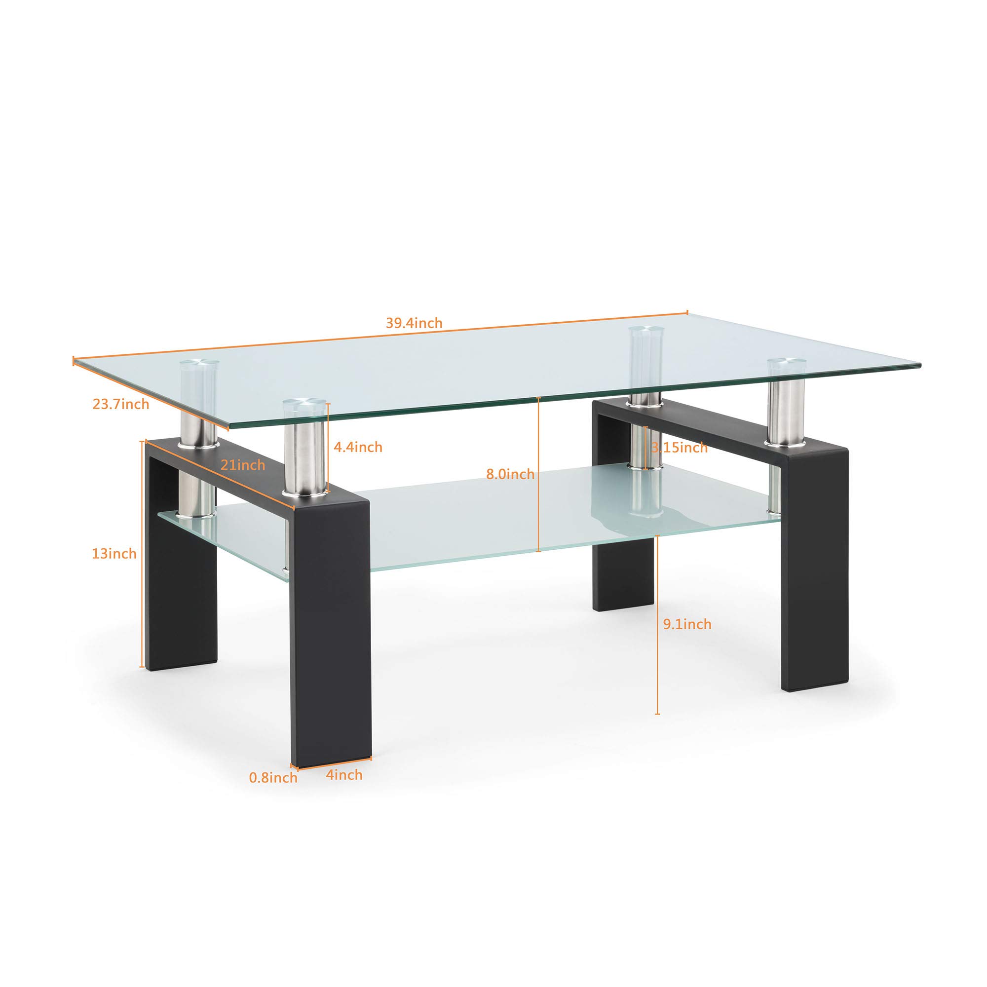 39.7 Inch Clear Glass Coffee Table for Living Room - Modern Rectangle Glass Coffee & Tea Table with Tempered Safety Glass - Perfect for Small Spaces, Apartments & Lounge Areas (39.7