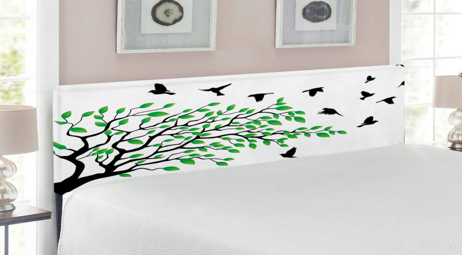 Ambesonne King Size Upholstered Metal Bed Headboard with Memory Foam - Spring Season Silhouette Design Featuring Freedom Wind & Peace Motif in White Black Green | Perfect for Master Bedroom, Guest Room & Modern Home Decor
