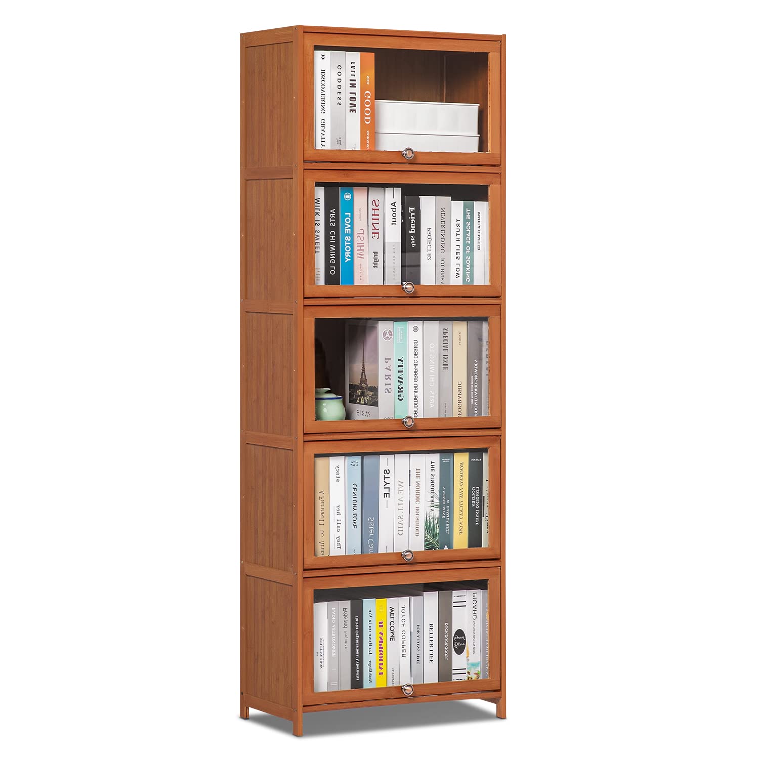 MoNiBloom 5-Tier Tall Narrow Bookcase with Clear Acrylic Doors - Space-Saving Free Standing Bookshelf for Living Room, Office & Bedroom Storage - Modern Brown Wooden Shelf Organizer for Books, Decor & Display