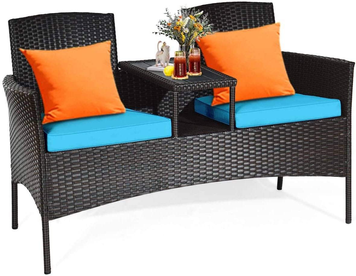 Modern Outdoor Wicker Loveseat Sofa Set with Built-in Coffee Table & Soft Cushions - Turquoise Rattan Patio Furniture for Backyard, Porch, Poolside, Lawn - Perfect for Relaxing, Entertaining & Sunbathing