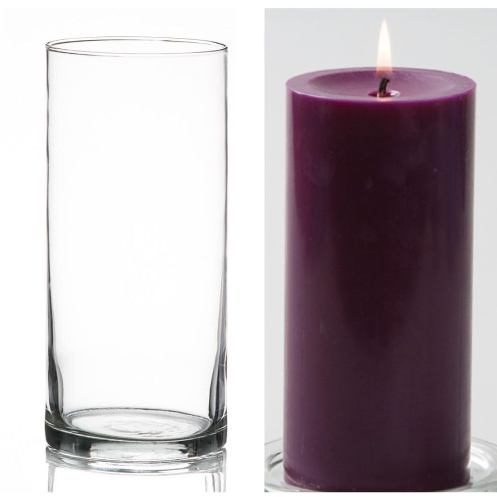 12 Pack Eastland Glass Cylinder Vases 7.5 Inch & 12 Richland Pillar Candles 6 Inch Purple - Perfect for Wedding Centerpieces, Home Decor, and Romantic Dinner Settings