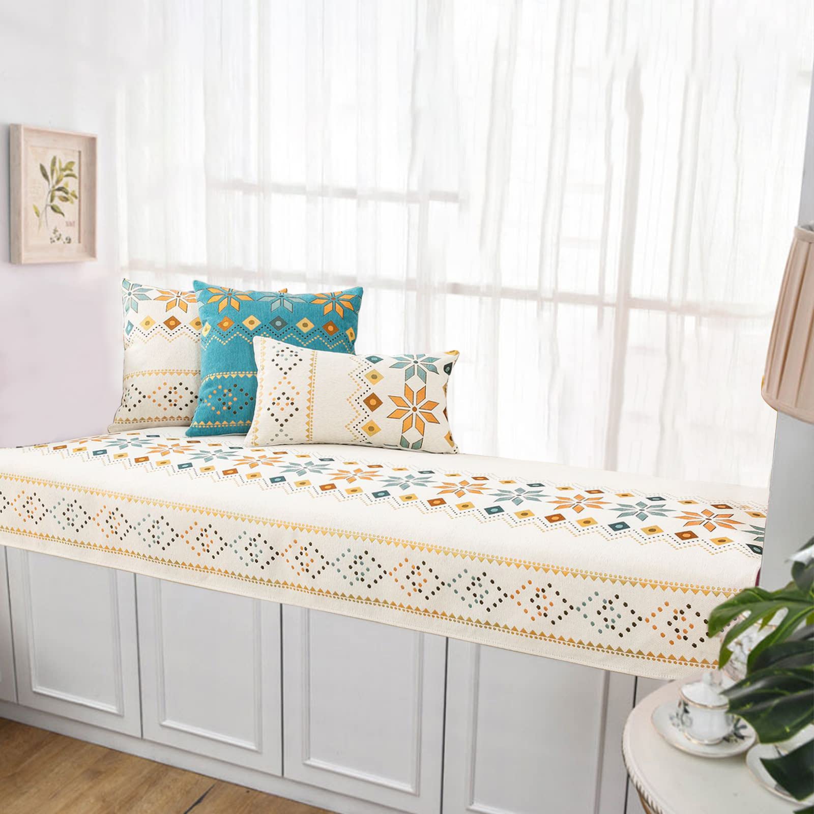 Boho Bay Window Cushion - Non-Slip Chenille Window Seat Pad for Indoor Sofa, Bench & Windowsill - Bohemian Home Decor for Living Room, Bedroom & Bay Window Nook (Perfect for Reading Nooks & Cozy Window Seats)