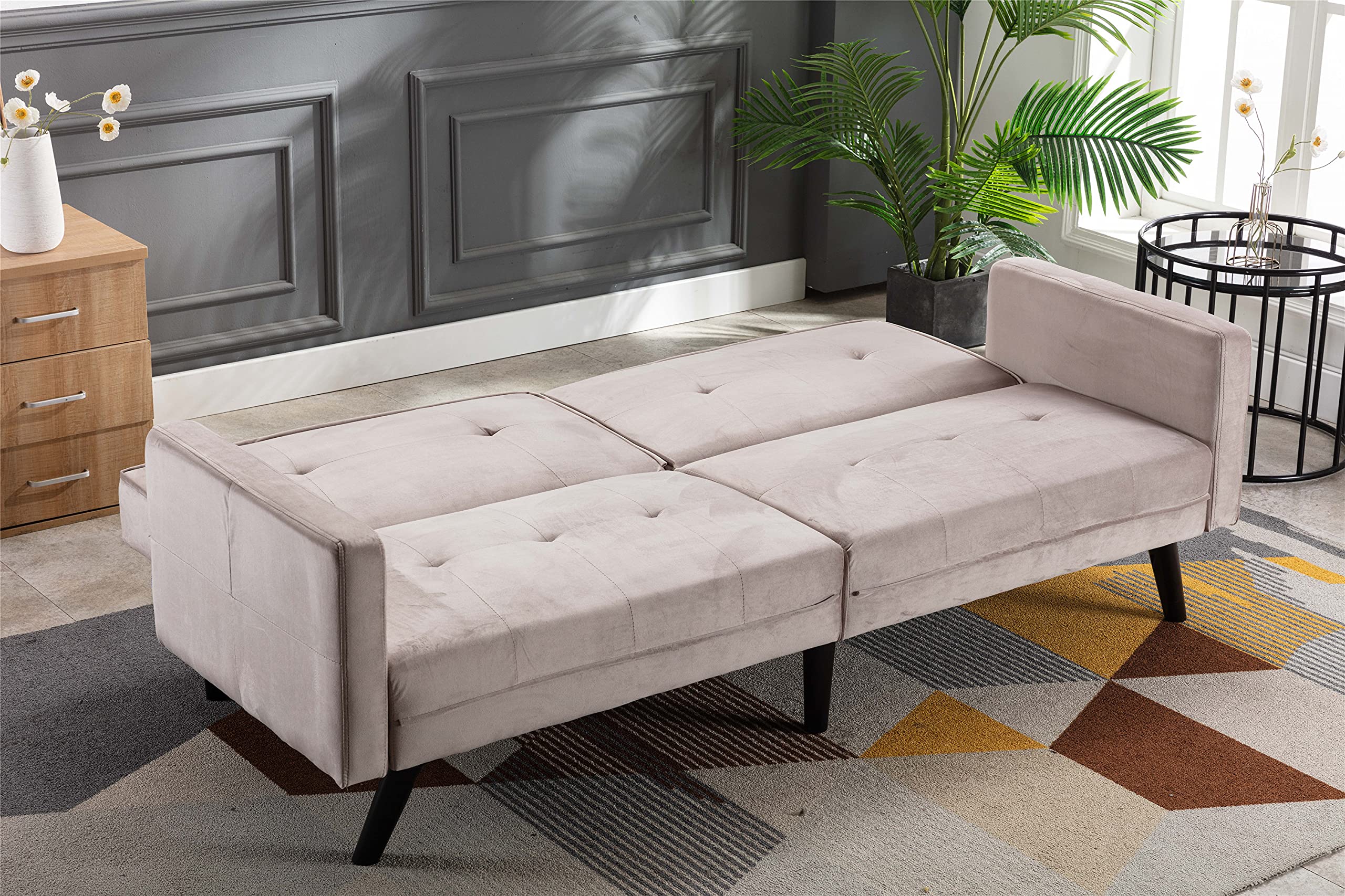 Velvet Convertible Sofa Bed with Adjustable Backrest & 6 Wooden Legs - Modern Folding Sleeper Loveseat for Living Room, Bedroom & Guest Room - Perfect for Small Spaces, Studio Apartments & Overnight Guests