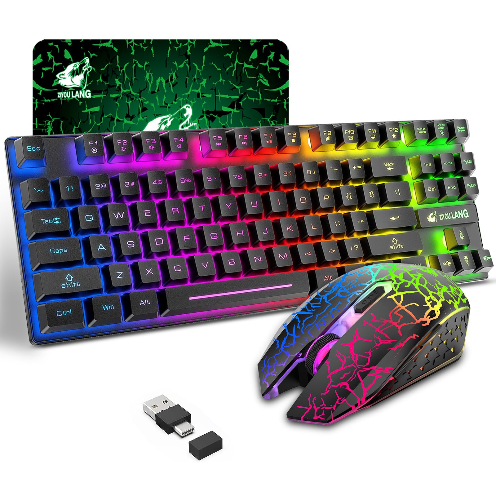 Wireless Gaming Keyboard and Mouse Combo - 87 Key Mechanical Feel RGB Backlit, Rechargeable 3800mAh Battery, Anti-Ghosting, Ergonomic & Waterproof Design for PC Gamers (Black) | Perfect for Esports, Streaming & Office Work