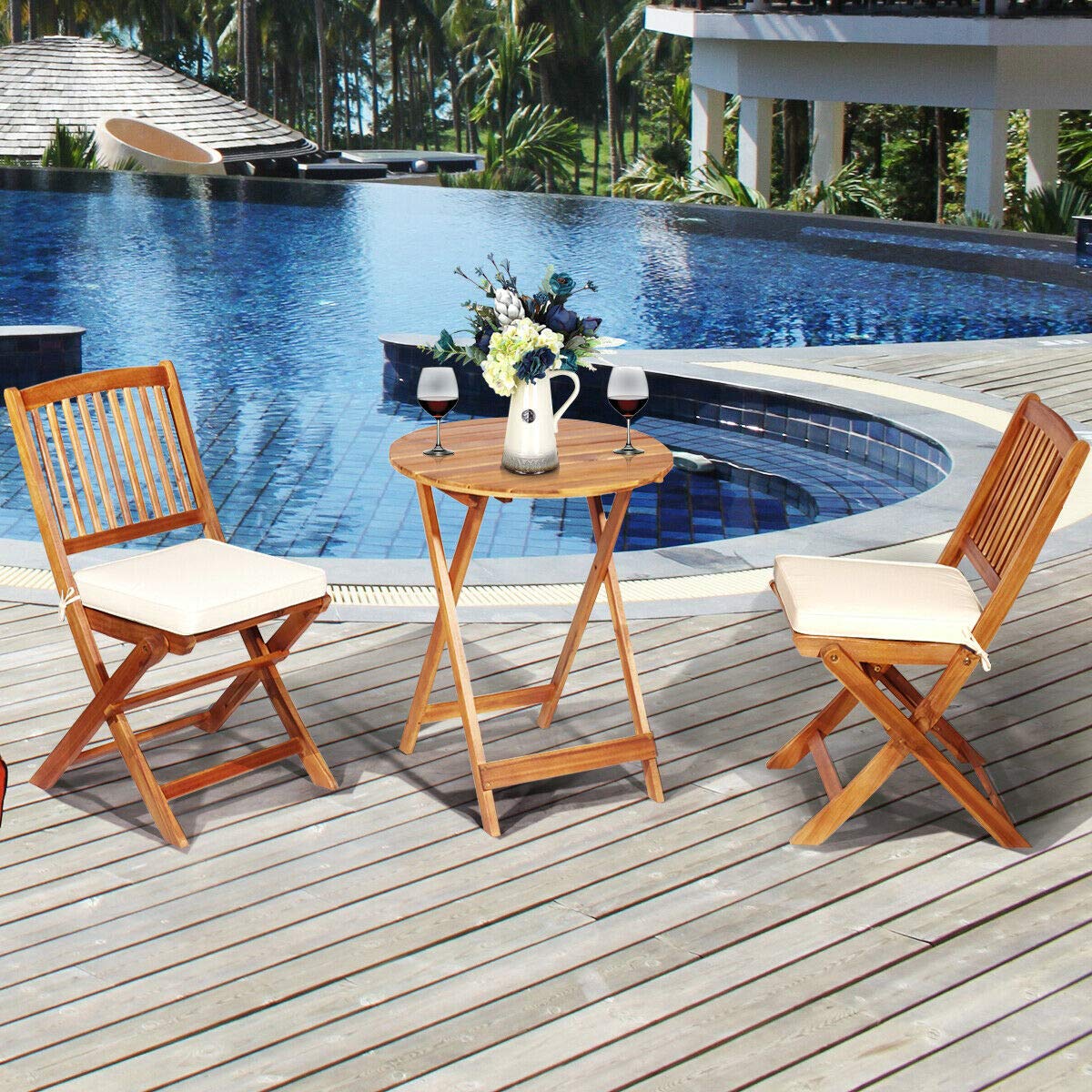 Tangkula 3-Piece Patio Folding Bistro Set - Acacia Wood Outdoor Dining Table & Chairs with Padded Cushions, Round Coffee Table - Perfect for Garden, Poolside, Balcony & Indoor Use (Cream)