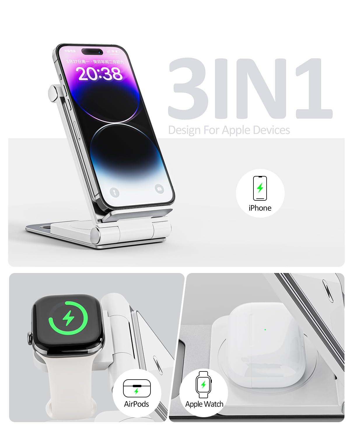 15W Fast Wireless Charger with Sleep-Friendly Adaptive Light - Compatible with iPhone 16/15/14/13 Pro/XS/8 Plus & Samsung Galaxy S23/S22/S21/Note 20 - Silver | Perfect for Bedside, Office & Travel Charging