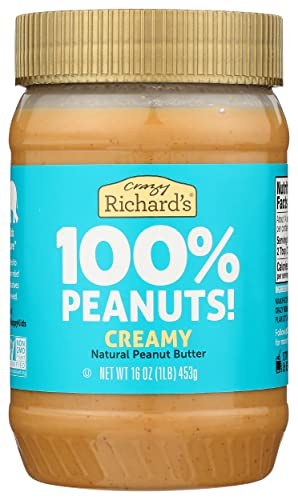 Crazy Richard's All-Natural Creamy Peanut Butter - Gluten Free, Cholesterol Free, Non-GMO, 16oz (6-Pack) - Perfect for Sandwiches, Smoothies & Healthy Snacks