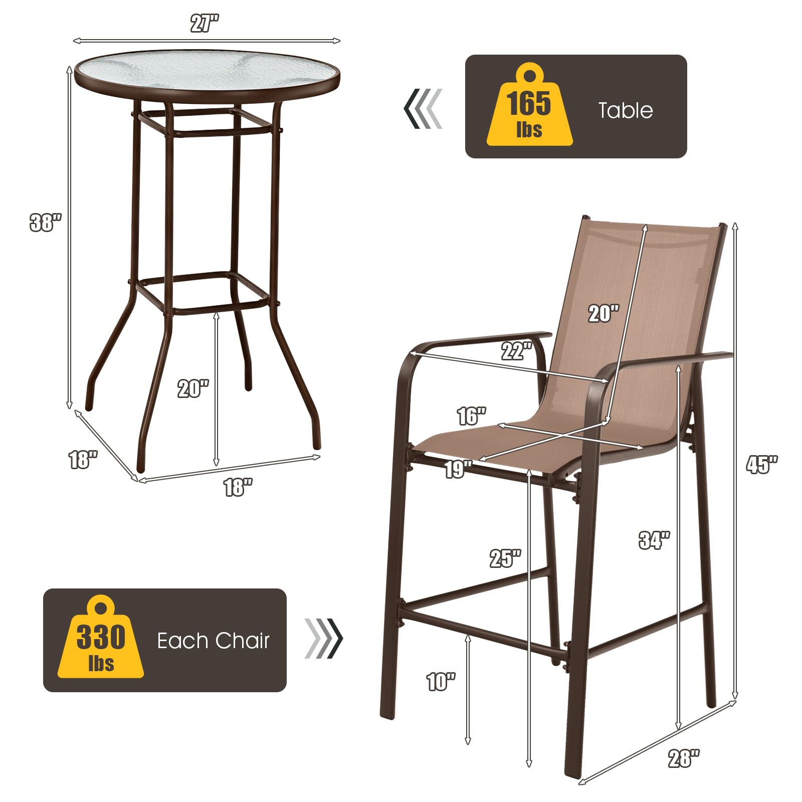 Tangkula 3-Piece Outdoor Patio Bar Set - 2 Bar Stools & 1 Tempered Glass Table, Bistro Height for Backyard, Garden, Balcony - Perfect for Coffee, Dining & Outdoor Relaxation