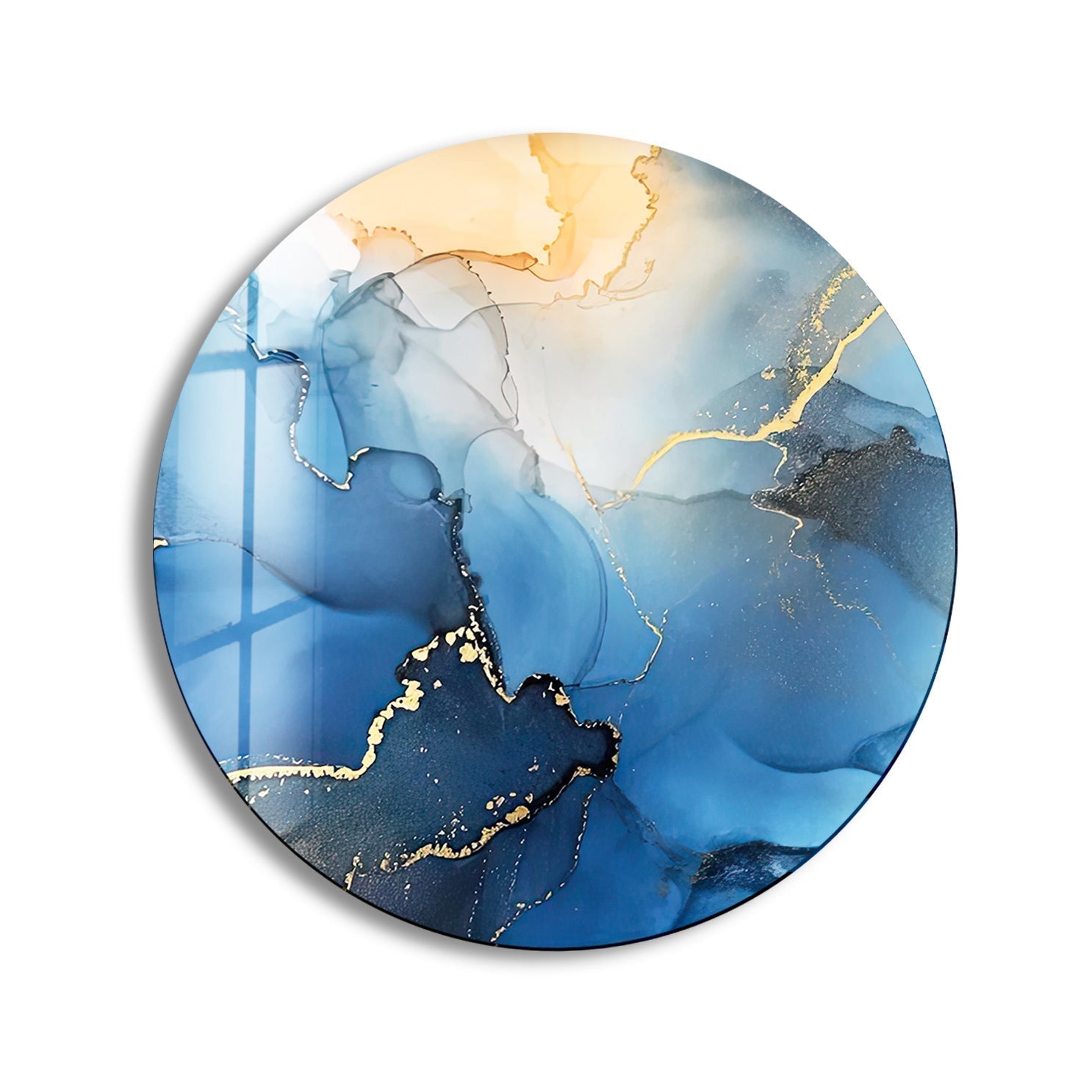 Abstract Round Blue Alcohol Ink Glass Wall Art - Handmade Modern Home Decor for Living Room, Bedroom & Office - Unique Gift Idea for Housewarming & Holidays