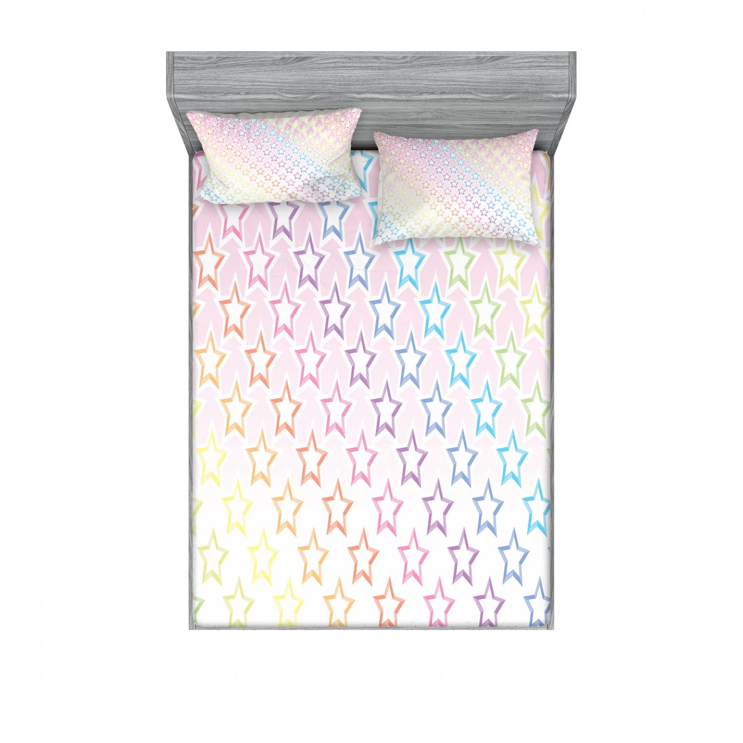 Ambesonne Galaxy 2-Pack Queen Size Fitted Sheet & Pillow Sham Set - Rainbow Star Print Bedding Decor (Includes 2 Fitted Sheets & 4 Pillow Covers) - Pink Multicolor Space Theme for Kids Room, Teen Bedroom & Dorm Decor