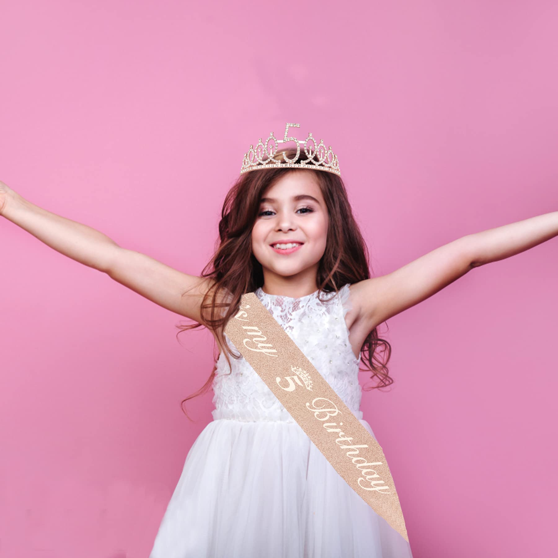 5th Birthday Party Decorations for Girls - Princess Crown Tiara, Birthday Sash, Cake Topper & Candles Set - Perfect 5 Year Old Girl Birthday Gift for Princess Themed Parties & Celebrations