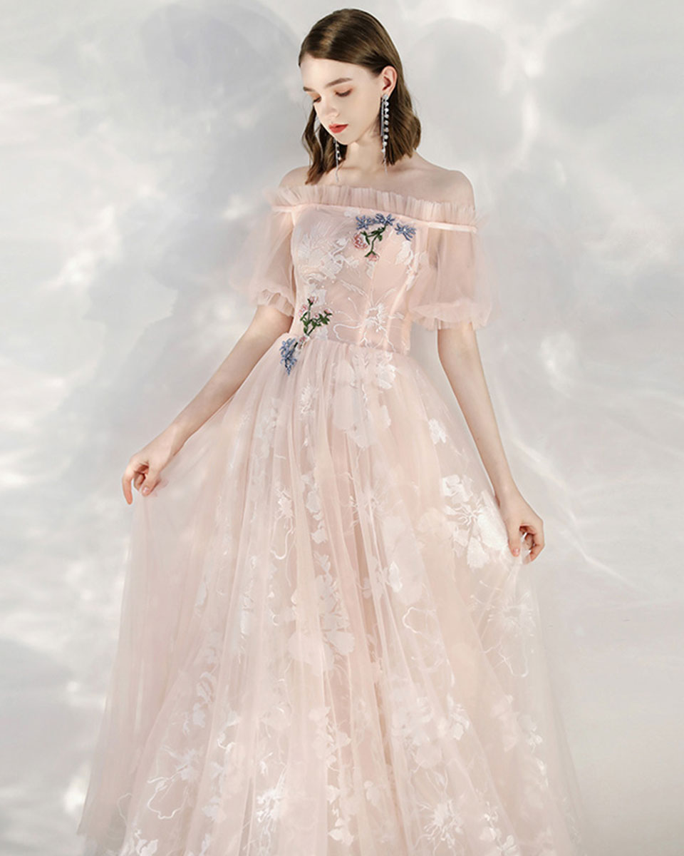 Elegant Pink Tulle Lace Off-Shoulder Long Prom Dress for Women - Romantic Evening Gown for Formal Events, Homecoming, Wedding Guest & Special Occasions