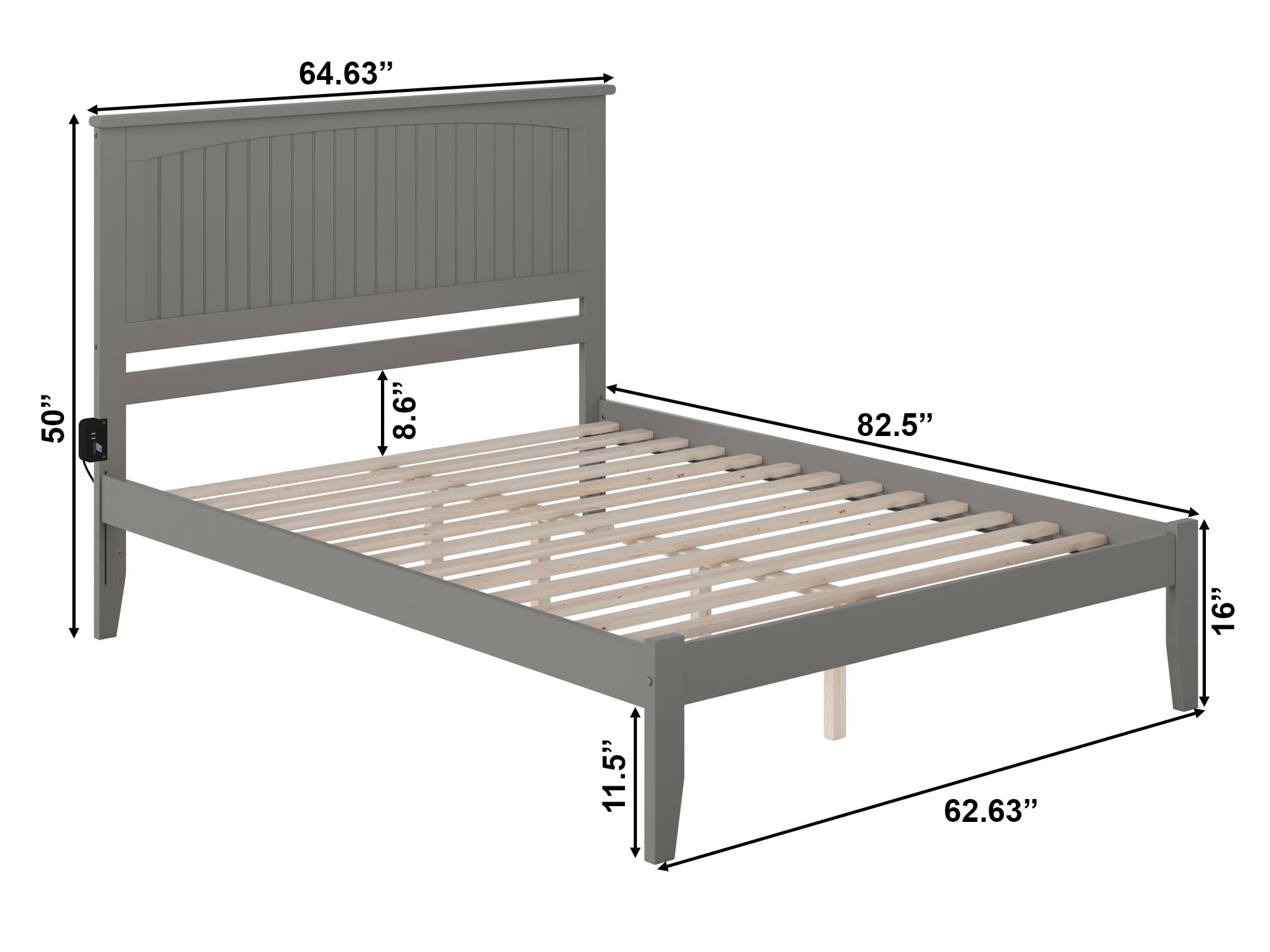 AFI Nantucket Queen Size Platform Bed with USB Charging Station - Modern Grey Wooden Bed Frame for Bedroom, Perfect for Small Spaces & Guest Rooms