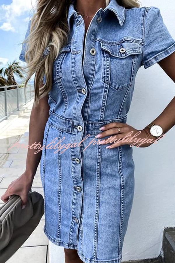 High Waist Single Breasted Denim Mini Dress for Women - Vintage Inspired Stretch Denim Short Dress for Casual Outings, Date Nights & Summer Parties